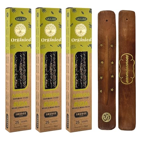 Aromasenses - Pack 3 Cajetillas de Incienso Orgánico Ullas Ruda + 1 Tablilla Aromasenses | Incineso 100% Natural y Ecológico | Aromaterapia con Hierbas Naturales | 25 gr. x 3 = 45 gr. |