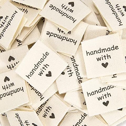 HOLEMZ Fabric Labels Tags 100 Pieces Handmade Dress Labels Sewing DIY Decoration Handmade with Love Woven Folded for Sweaters Socks Gloves Cover