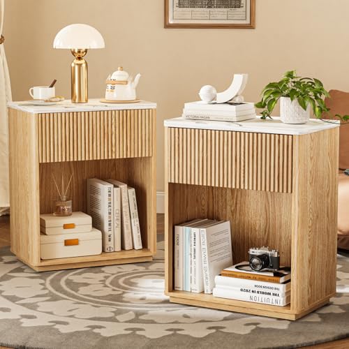 Cychuily Modern Fluted Nightstand Set of 2 for Bedroom, Mid Century Bedside Table with Drawer & Open Shelf, Wood End Table, Farmhouse Night Stand for Home, Hallway, Office, Oak (Marble Top)