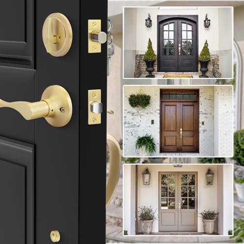 Image of Haidms Gold Front Door Handle and Deadbolt Set, Front Door Lock Set, Gold Entry Door Locksets with Deadbolt Single Cylinder, Exterior Door Handle with Reversible Handle Lever