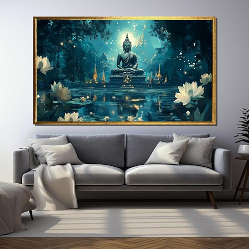 TONGYINLI Pósteres y láminas de estatuas de Buda | Lienzo con imagen de un lago de lotos en un templo | Decoración de pared para meditación zen | Cuadros de paisajes (40x70cm/Sin marco)