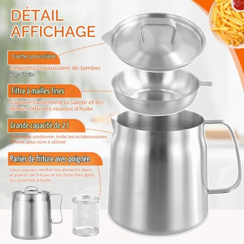 Focenat Pot de Filtre à Huile en Acier Inoxydable 304, Récipient à Graisse de Bacon avec Filtre À Mailles Fines et Panier à Friture, pour Stockage de l'Huile de Friture et Graisse de Cuisson, 2 L – vue 4