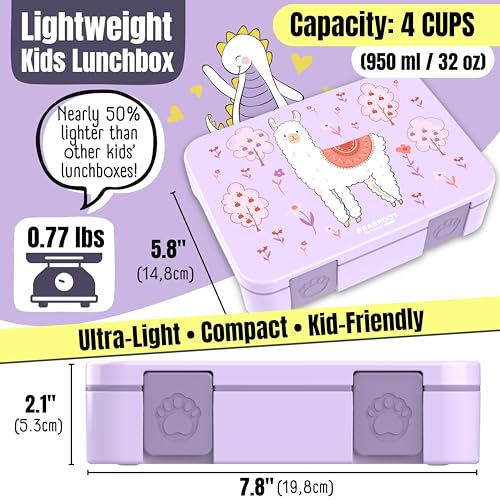 Image of BEARFOOT Kids Lunch Box with Compartments - Compact & Lightweight | Leak-Proof, BPA-Free, Dishwasher Safe | Hand-Drawn Design for Preschool, School, Travel (Llama Purple, 4 Cups) | BPA Free Leakproof Lunch Box with Compartments School & Nursery for Girls & Boys Lightweight & Compact