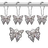 Molika Butterfly Shower Curtain Hooks Rings - Antique Silver Metal Curtain Hangers Decorative Bath Room Accessories Set - Farm, Garden, Park, Forest, Floral, Country, Village Theme Bathroom Decor