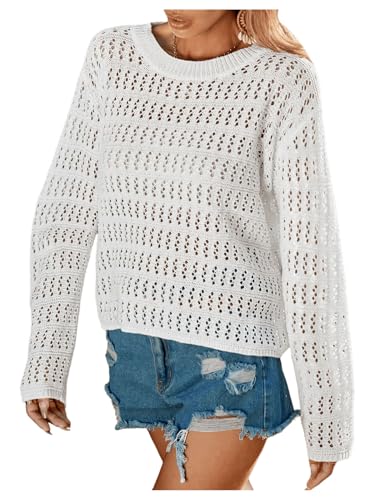 Verdusa Women's Crochet Hollow Out Long Sleeve Round Neck Pullover Knit Sweater Tops4
