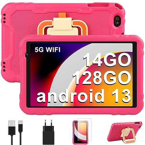 AOCWEI Tablette Enfant 10 Pouces, Tablette Android 13, 14 Go (8 + 6) RAM + 128 Go ROM (TF 512 GB) | Octa-Core | 5+8 MP | 5G WiFi | 8000 mAh | 2 Ans de Garantie, Coque Antichoc Robuste - EVA - Rose