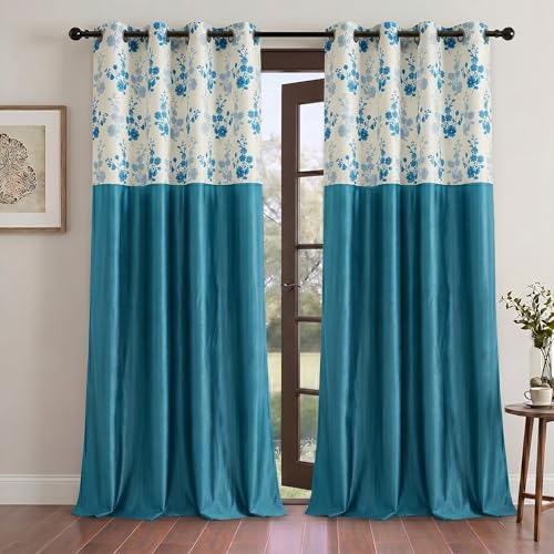 Image of Home Sizzler 2 Pieces Elegant Floral Printed Top with Solid Red Bottom Eyelet Polyester Curtains - 5 Feet Long, Aqua