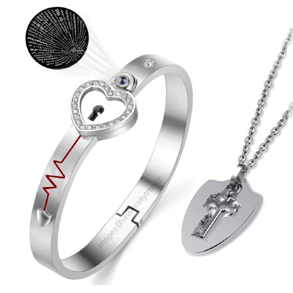 University Trendz Womens I Love You Projection Heart Lock and Key Stainless Steel Bracelet Pendant Set for Couples (Silver) (B08G7XQV49) Amazon Price History, Amazon Price Tracker