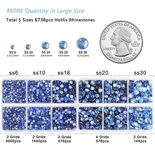 Image of 6736pcs Hotfix Rhinestones Flatback,Blue Rhinestones for Crafts Clothes Mixed 5 Sizes, Hotfix Crystals with Tweezers and Wax Pencil Kit, SS6-SS30,Lt.Sapphire
