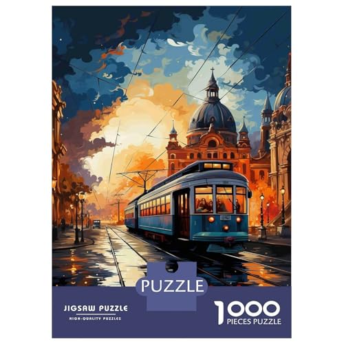 Puzzle de 1000 piezas de papel con diseño de tranvía clásico en una elegante escena urbana nocturna 2