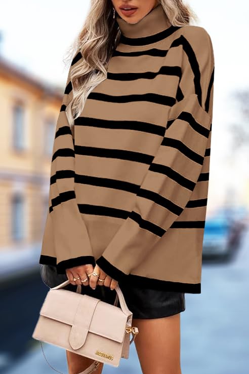Image of Women's Turtleneck Oversized Sweaters Long Sleeve Split Hem Striped Knit Pullover Tops