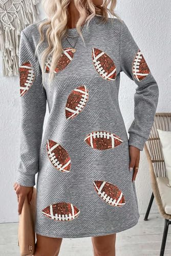 Image of Womens Sweatshirt Dresses Rugby Game Day Long Sleeve Pullover Tops Football Sequin Crewneck Textured Shift Dress