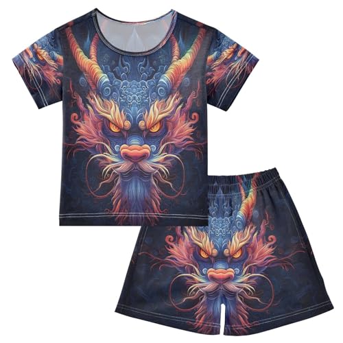 ALAZA Colored Dragon Black Pajamas Set Short Sleeve Cotton Sleepwear Summer Pjs 2 Piece 5-14Y