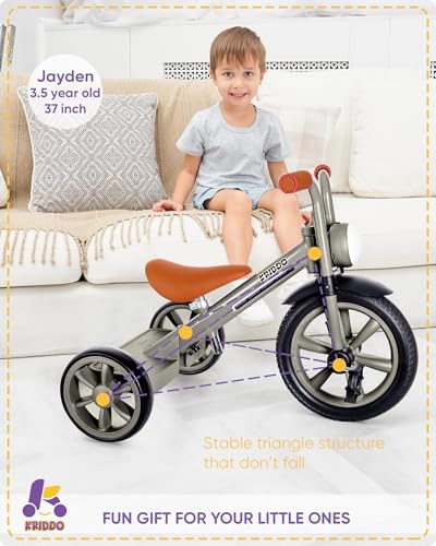 Image of KRIDDO Kids Tricycles Age 2 Years to 5 Years, 12 Inch Puncture Free Rubber Wheel w Front Light, Kids Trike for 2.5 to 5 Year Old, Gift Toddler Tricycles for 2-5 Year Olds, Trikes for Toddlers, Grey