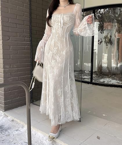 xxxiticat Women's Floral Lace Maxi Dress Long Sleeve Square Neck Flower Print Swing Hem Layered White Fairy Long Dress2