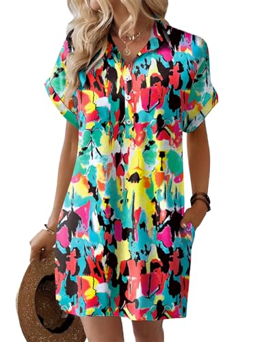 Image of HOTOUCH Womens Summer Shirt Dress 2026 Short Sleeve Floral Shift Dress Casual Loose Flowy Beach Sundress with Pockets