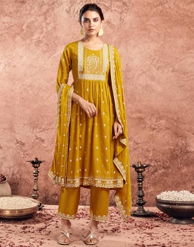 Image of SKYLEE Women's Printed & Gota Lace Cotton Silk Anarkali Kurta Set with Dupatta