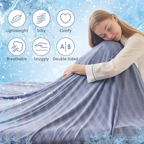 Image of EMME Cooling Throw Blanket for Couch Sofa, Thin Lightweight Summer Blanket, Cold Bed Throws for Hot Sleepers, Double Sided, Keep Body Cool for Kids Adults, Blue