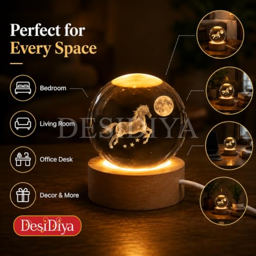 Image of Desidiya 3D Crystal Moon with Horse Night Light | Engraved Crystal Ball LED Night Light with Wooden Base, USB Powered | Romantic Home Decor & Valentine's Day Gift for Her, Him & Couples (Warm White)