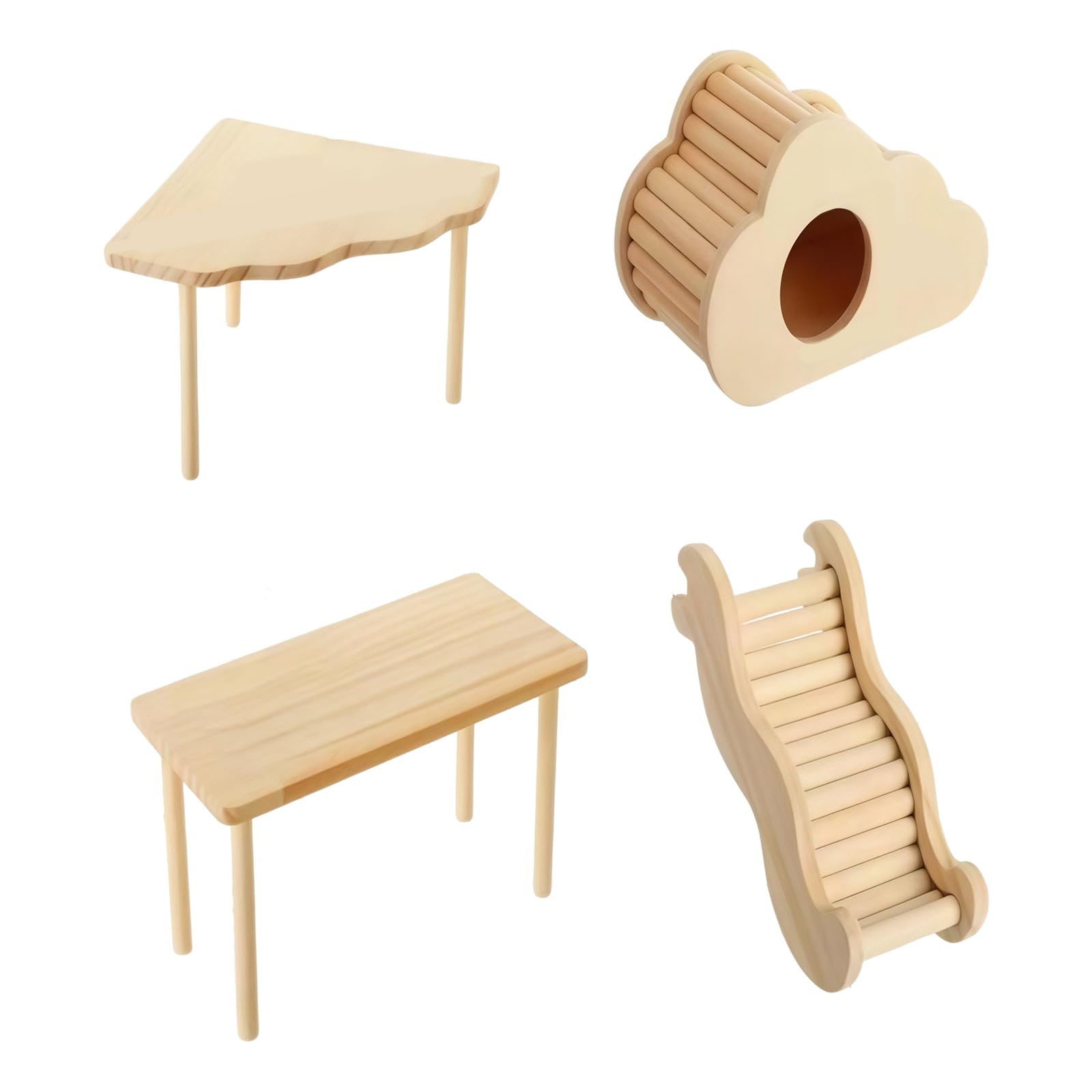 Piattaforma per criceti in legno naturale e gioco con nascondigli a tunnel per piccoli animali domestici, criceti, gabbia accessorio per piccoli animali domestici, scala in legno