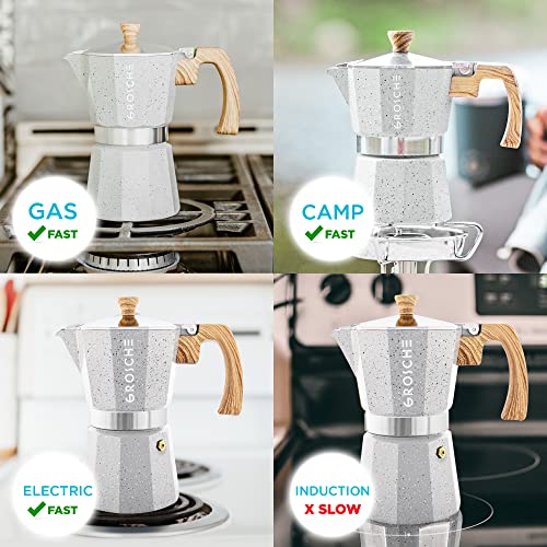 Image of GROSCHE Milano Moka pot, Stovetop Espresso maker, Greca Coffee Maker, Stovetop coffee maker and espresso maker percolator (Grey, 6 cup)