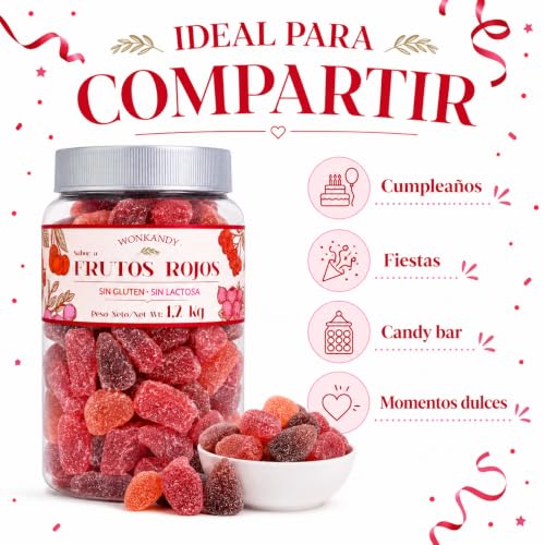 Miniatura 5 de Gominolas Frutos Rojos 1,2 kg Bote Grande. Surtido de Caramelos de Goma Fresa Uva Cereza, Chuches Blandas Sin Gluten y Sin Lactosa, Ideal para Fiestas Cumpleaños Candy Bar.