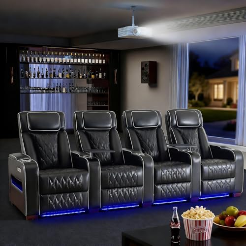 Image of GUEAPY Power Reclining Sofa Home Theater Seating with Adjustable Headrest, Breathable Leather Electric Recliner with LED Lighting, Cup Holders, USB Charging & Tray Table, Row of 4