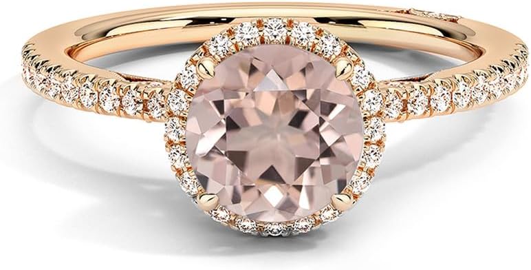 Round Cut Morganite And White Diamond Halo Engagement Ring, 14k Gold Finish Bridal Ring, Propose Ring, Topaz & Diamond Ring