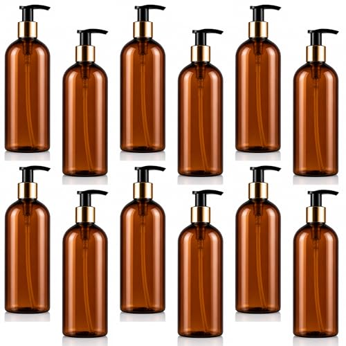 Image of Prakash Empty Plastic Brown Golden Pump Bottles Dispenser 500ml Portable Shampoo Lotion Hand Bottle (Brown Golden Pump 500ML, Pack of 12)