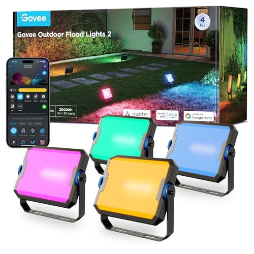 Govee Outdoor Flood Lights 2, RGBIC Warm Cold White LED Lights for Outdoor Decorations, 50 Scene Modes, Landscape Lighting, Upgrated IP66 with App Control, Wired 4 Pack