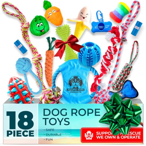 Pacific Pups 18 Piece Bulk Dog Toy Pack - Chew, Plush, And Rope Dog Toys To Keep Them Busy - Puppy...