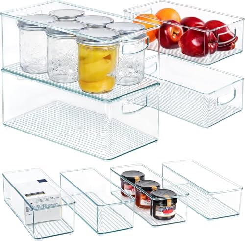 Hudgan 8 PACK Stackable Pantry Organizer Bins (3 Size) - Clear Fridge Organizer for Kitchen...