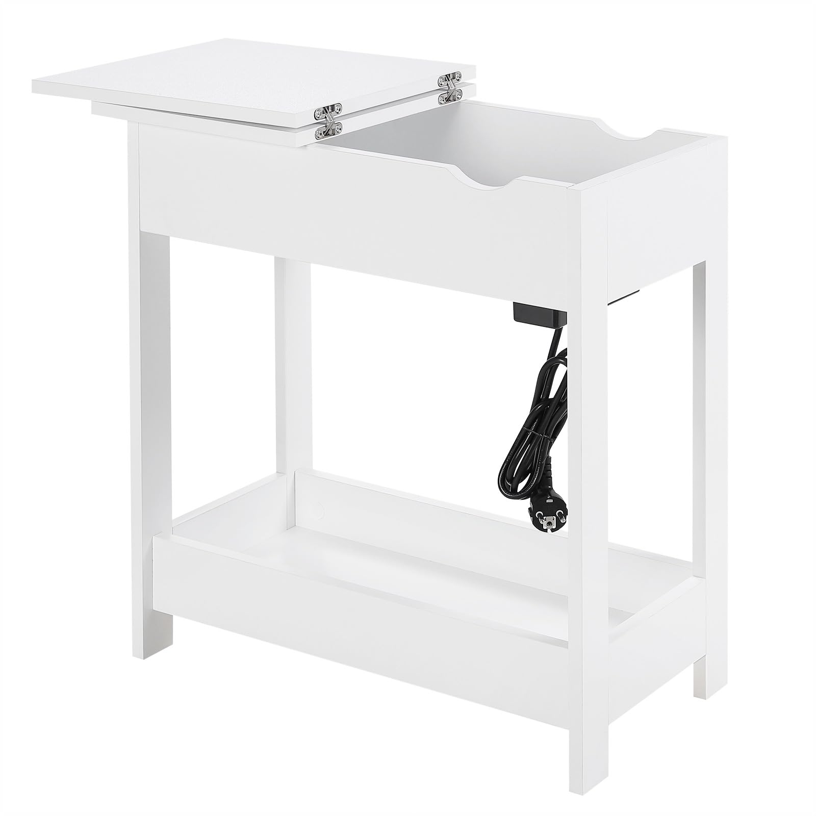 EUGAD Tavolino da Salotto con Stazione di Ricarica, Tavolino a 3 Ripiani, Piano Pieghevole, 2 Porte USB e 2 Prese a 2 Fori, per Camera da Letto, Soggiorno, Cucina, MDF, Bianco