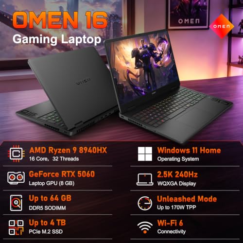 Image of HP Omen 16 inch 240Hz Ryzen 9 8940HX & 5060 Gaming Laptop, 64GB DDR5 + 4TB SSD