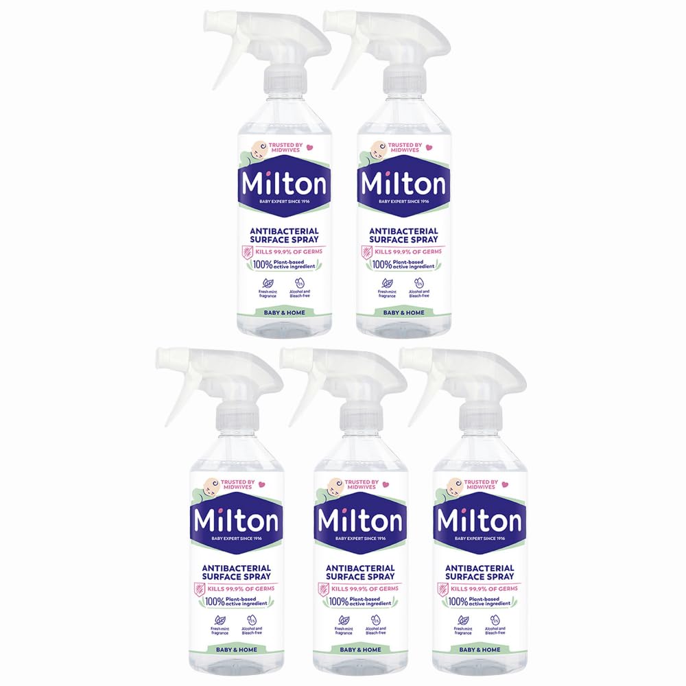 Milton Antibacterial Surface Spray 500ml Pack of 5 Sterilising Fluid Antiseptic Cleaner Kitchen Worktops Fridge Desinfecant with Welari Thank You Card | (5pack) (2500ml)