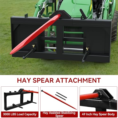 YITAMOTOR 49" Hay Spear Attachment, 3000lbs Capacity Quick Attach for Bobcat Tractors & Skid Steer Loader with 1pc 49" Red Hay Spear & 2pcs 17" Black Stabilizer Spears Spike Fork Tine