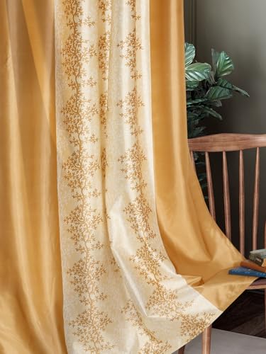Image of Home Sizzler 2 Pieces Bloom Line Grommet Eyelet Polyester Window Curtains - 5 Feet, Gold