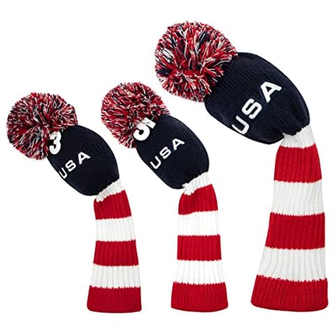 3pcs Pom Pom Golf Headcovers, #1 3 5 Golf Wood Headcovers Set, Knitted Golf Club Head Cover, Long Neck Golf Club Case Protection, Patriotism US Flag Pattern Cover