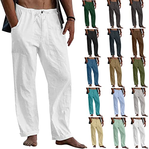 Mens Casual Linen Pants Loose Fit Wide Leg Pants Elastic Drawstring Waist Straight-Legs Summer Yoga Beach Long Pants2