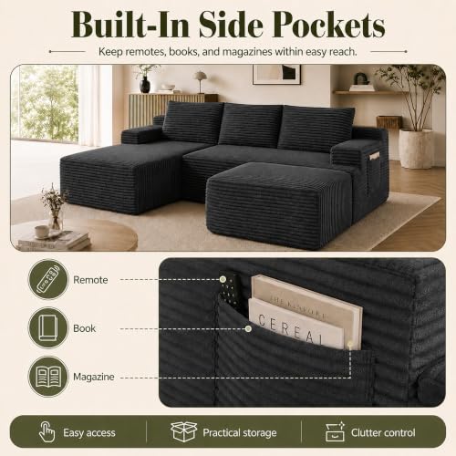 Image of Boneless Couch, Modular Sectional Couches for Living Room, U-Shaped Cloud Couch Sofa with Deep Seat, Fluffy Corduroy Upholstered Corner Sofa