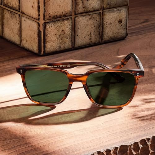 CARFIA Retro Square Polarized Sunglasses — Brown Striped Acetate, Green Lenses — view 7