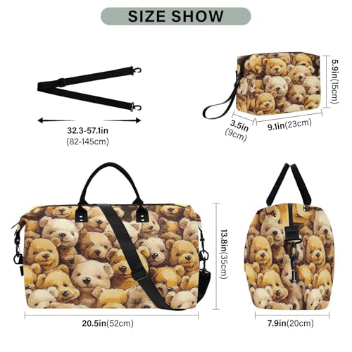 Travel Gym Bag, Brown Bear Pattern Weekender Overnight Duffle for Women with Toiletry Bag Travel Swim3
