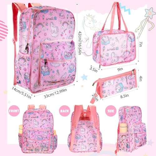 Image of Silkfly 3 Pcs Mesh Backpack Set, Heavy Duty Semi-transparent Bookbag with Lunch Bag Pencil Case for Travel, Beach, Sports
