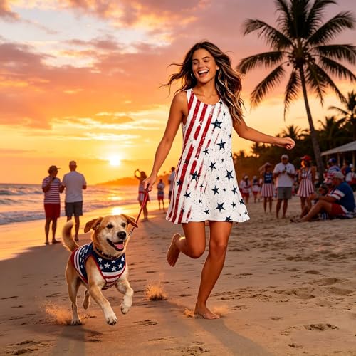 Image of Roshop Womens Juneteenth Flag Sleeveless Dress 4th of July Patriotic Swing Sundress with Pockets