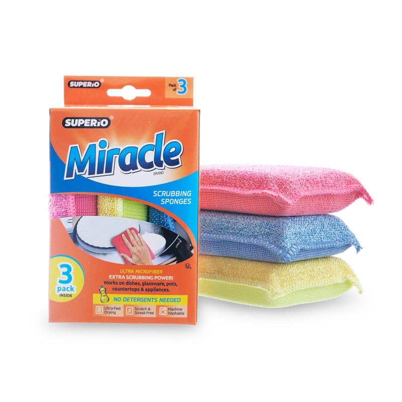 Image of Miracle Microfiber Scrubbing Sponge, Extra Scrubbing Power Kitchen Sponge, Sink, Pot, Pan and Dish Washing, Super Absorbent and Rapid Drying, Multicolor 6-Pack by Superio