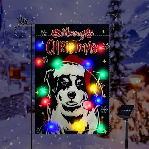 Christmas Garden Flag Lighted Xmas Australian Shepherd Flags for Outside Solar Led Double Sided Burlap Winter Holiday Dog Decorations Yard Lawn Outdoor Decor 12.5 x 18 Inch