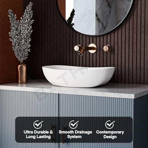 Image of Table Top Ceramic Wash Basin For Bathroom | Rectangular Counter Top Bathroom Sink, Premium Glossy White Above Counter Vanity Basin, Modern Design (18 x 13 x 5.5 Inch)