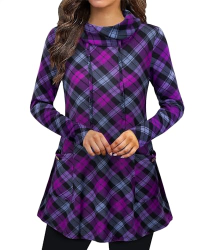 Bulotus Fall Sweaters for Women 2025 Cowl Neck Asymmetrical Long Tunics for Leggings Vacation Travel Tops with Pockets