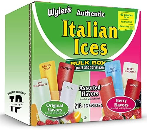 Wylers Autentic Italian Ice Freeze Pops - Bulk Box of 216 (2oz) Pops, Gluten-Free and Fat-Free. Berry and Original Flavors. Bundled by Tullipak- Includes bonus TP Magnet