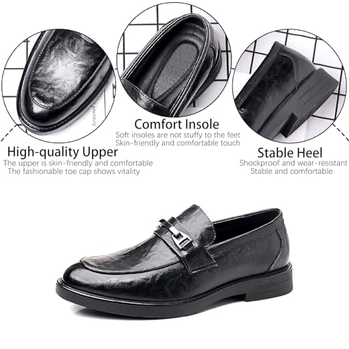 Men's Leather Slip On Loafers with Decorative Buckle Business Formal Round Toe Comfortable Block Heel Platform Dress Shoes for Work Wedding Office Penny Loafers3